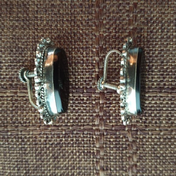 Vintage Navajo Native American Black Onyx Sterling Silver Screw-Back Earrings - Picture 12 of 17
